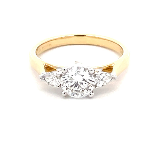Yellow Gold Round Brilliant and Pear Shaped Diamond 3 Stone Ring - 1.30cts Gardiner Brothers