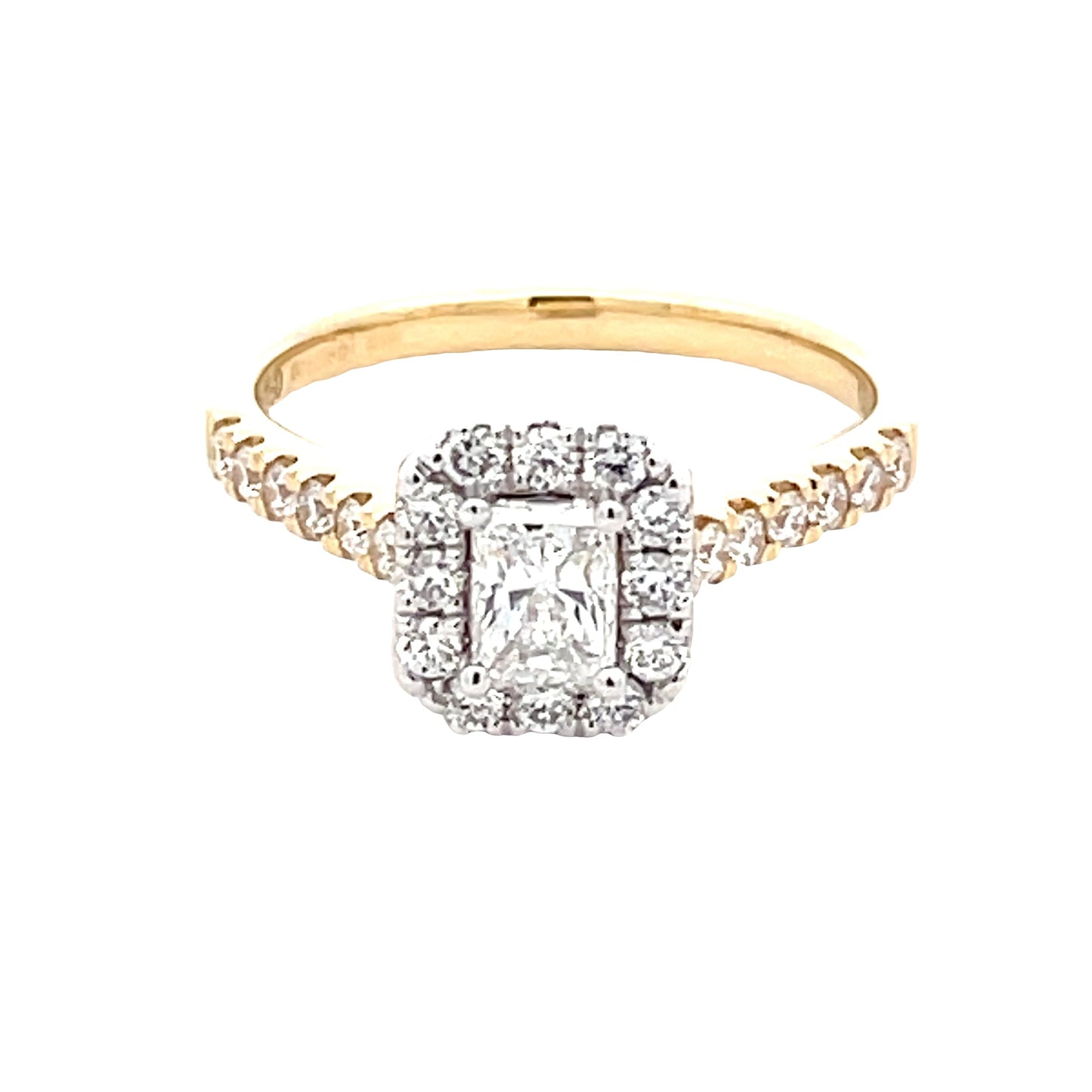 Yellow Gold Radiant Cut Diamond Halo Cluster Style Ring - 0.84cts Gardiner Brothers