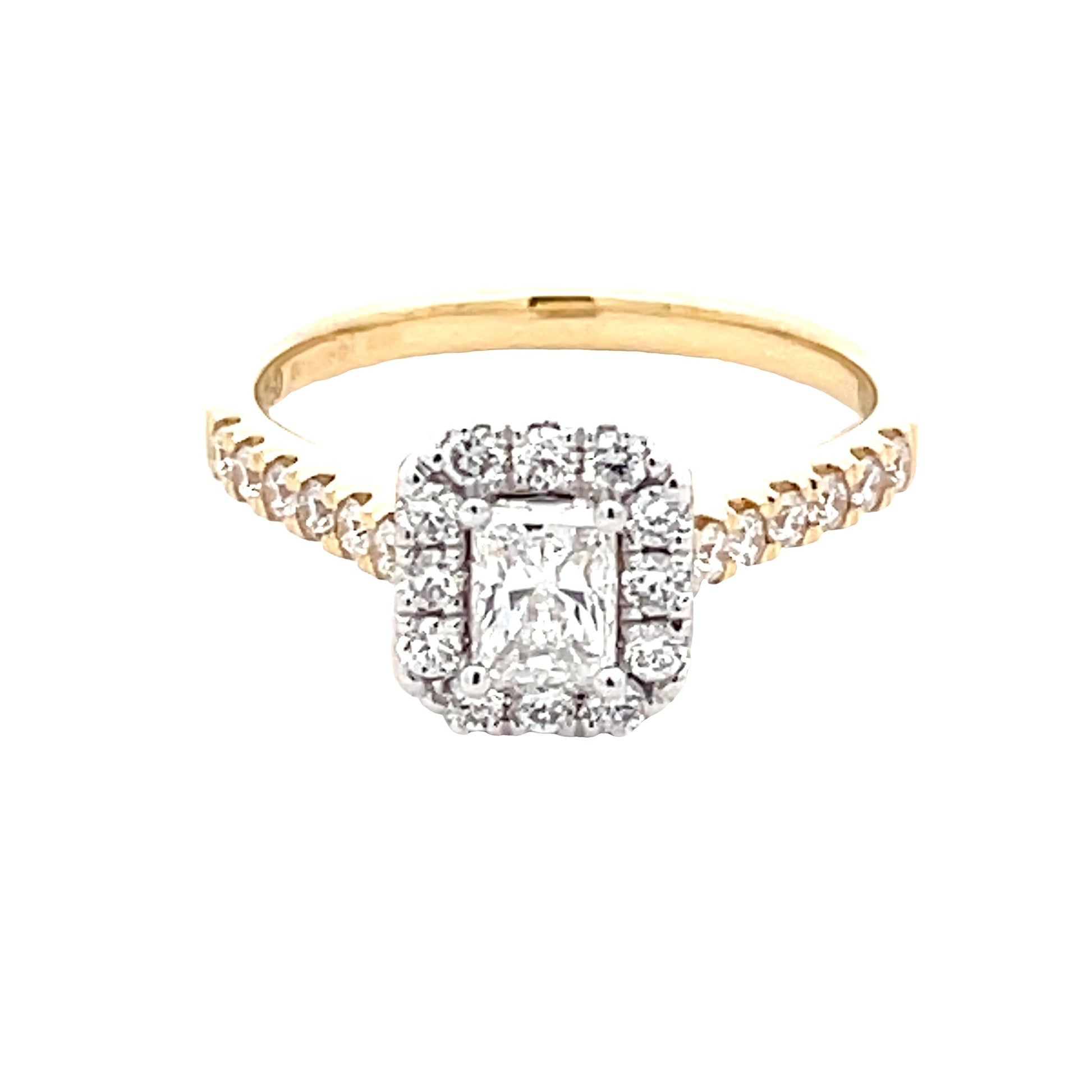 Yellow Gold Radiant Cut Diamond Halo Cluster Style Ring - 0.84cts Gardiner Brothers
