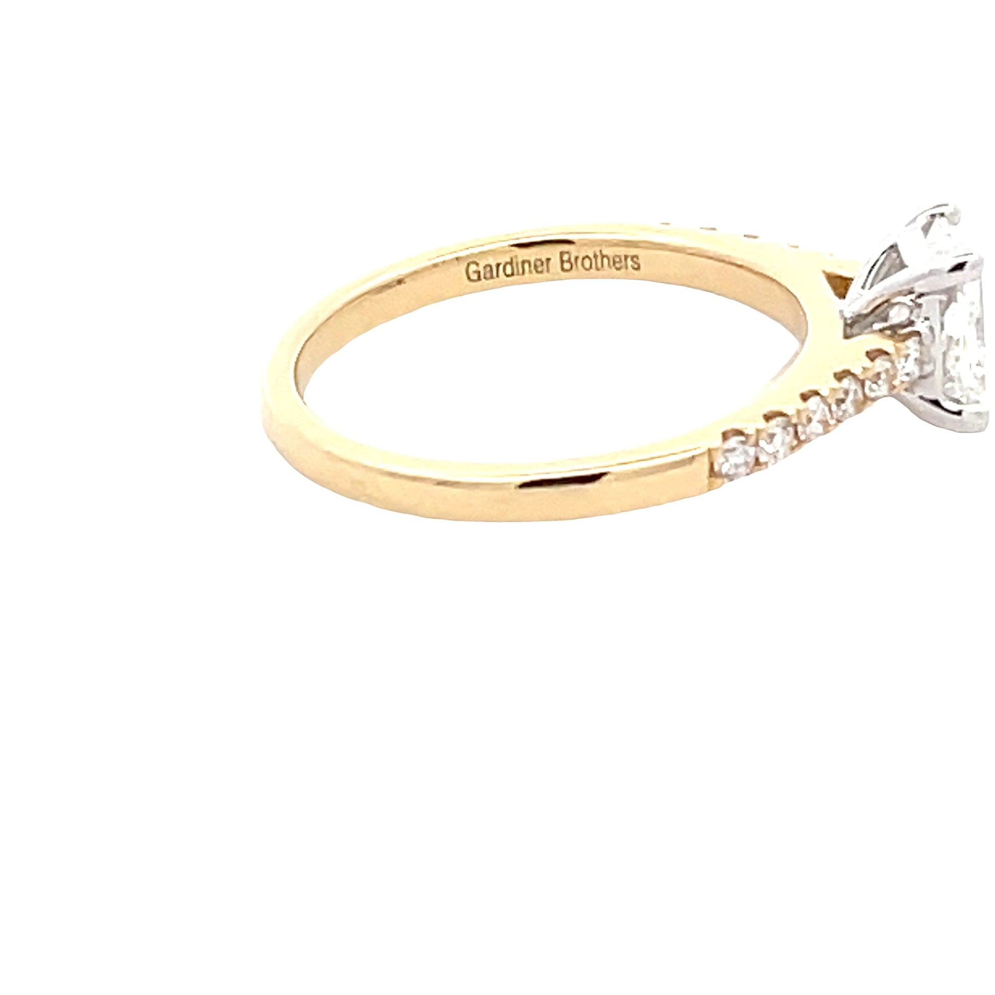 Yellow Gold Radiant Cut Diamond Solitaire Ring with diamond set shoulders - 0.98cts Gardiner Brothers