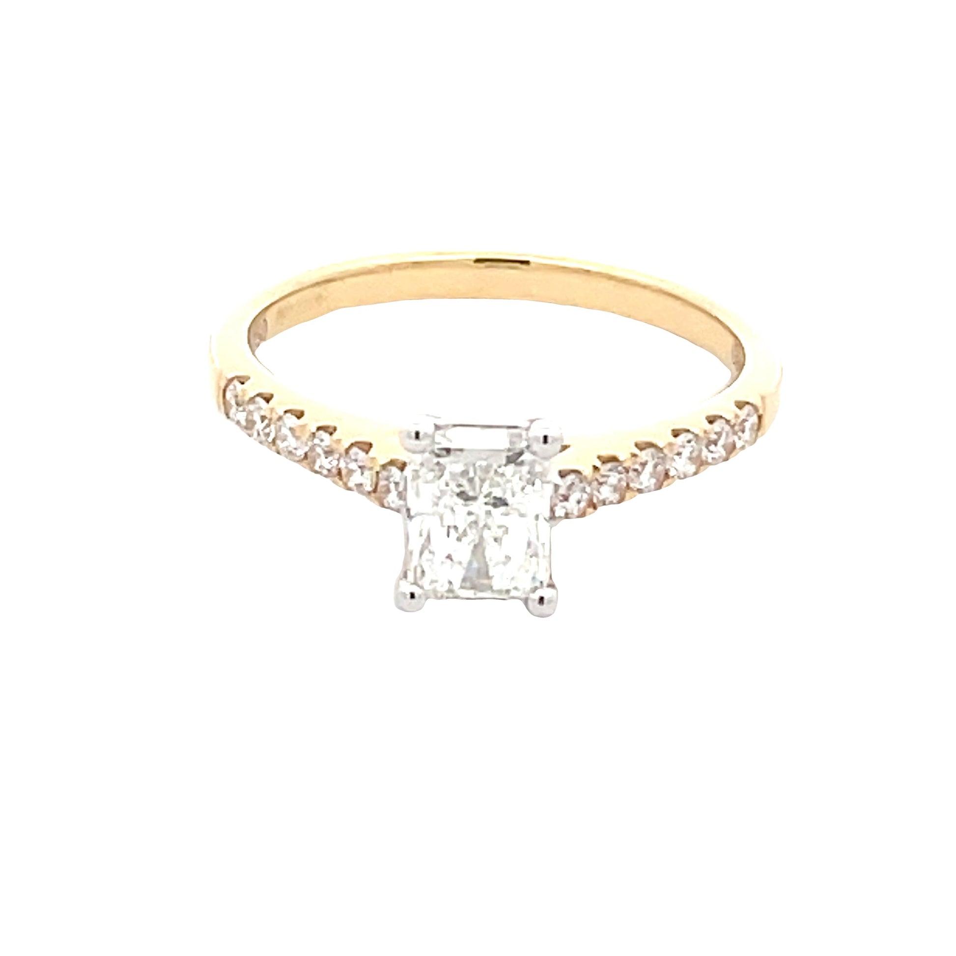 Yellow Gold Radiant Cut Diamond Solitaire Ring with diamond set shoulders - 0.98cts Gardiner Brothers