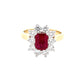 Octagonal shaped ruby and round brilliant cut diamond cluster style ring  Gardiner Brothers   