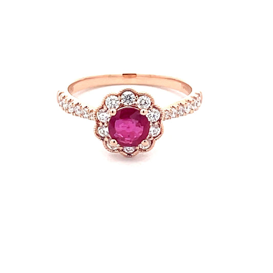 Ruby and diamond, rose gold vintage style cluster ring  Gardiner Brothers   