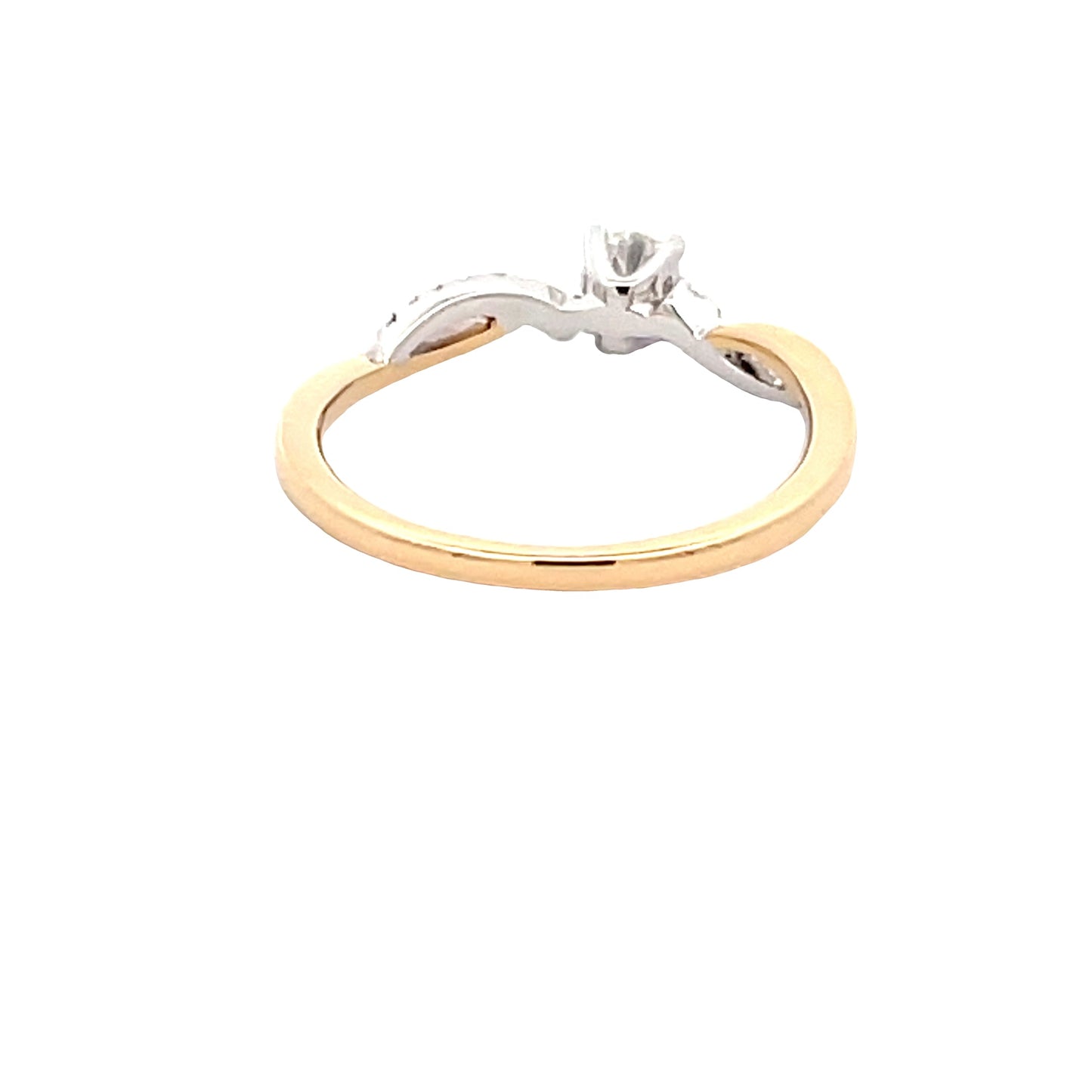Yellow and White Gold Round Brilliant Cut Diamond Solitaire Ring with twist diamond set shoulders Gardiner Brothers