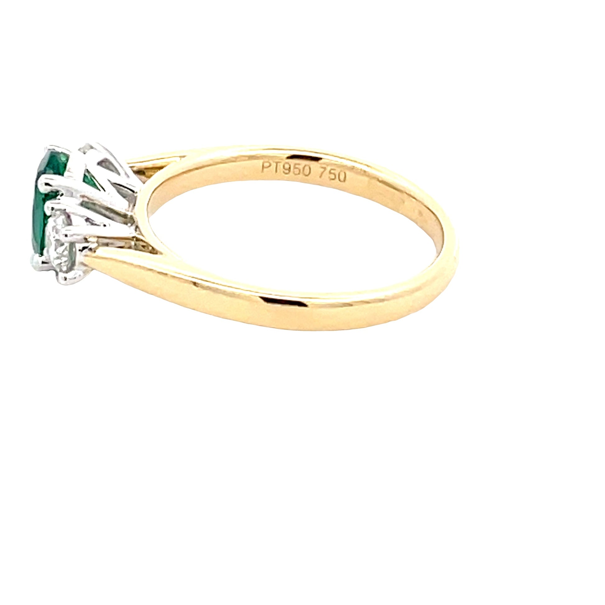 Oval Emerald and round brilliant cut diamond 3 stone ring  gardiner-brothers   