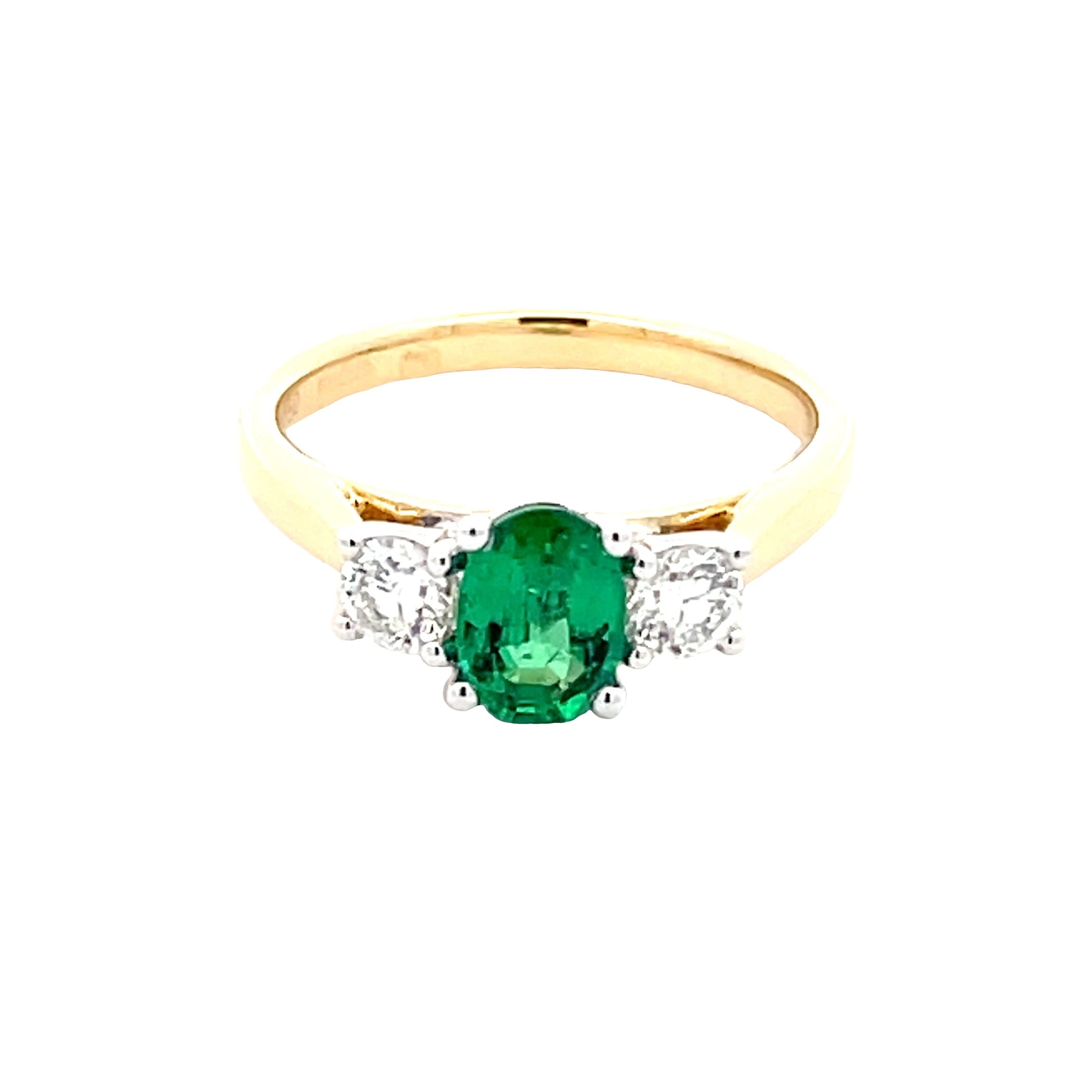 Oval Emerald and round brilliant cut diamond 3 stone ring  gardiner-brothers   