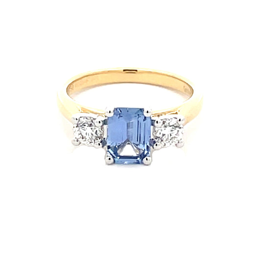 Octagonal Ceylon Sapphire and round brilliant cut diamond 3 stone ring  Gardiner Brothers   