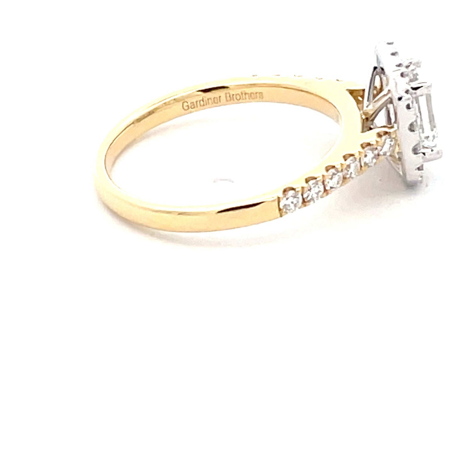 Yellow Gold Emerald cut diamond halo cluster style ring - 1.22cts Gardiner Brothers