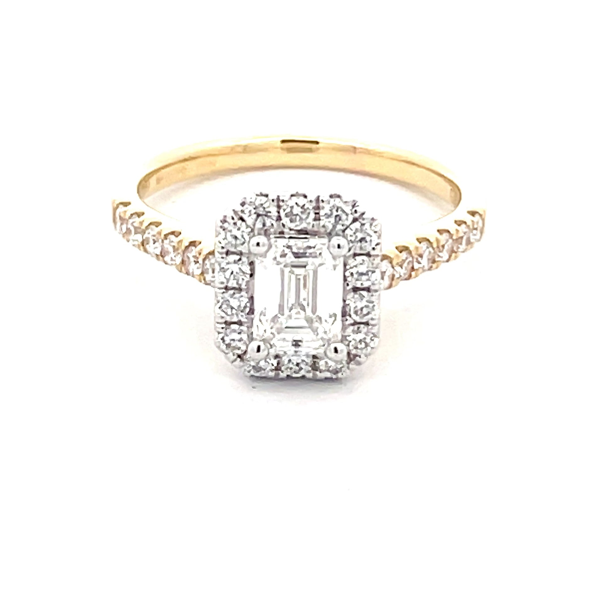 Yellow Gold Emerald cut diamond halo cluster style ring - 1.22cts Gardiner Brothers