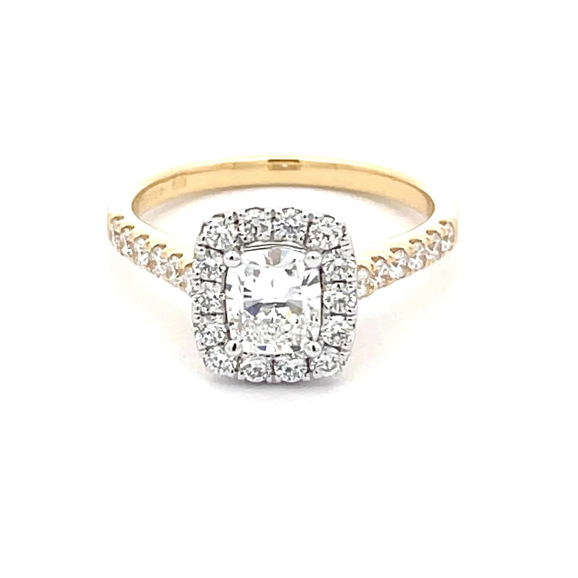 Yellow Gold Cushion shaped diamond halo cluster style ring - 1.24cts Gardiner Brothers