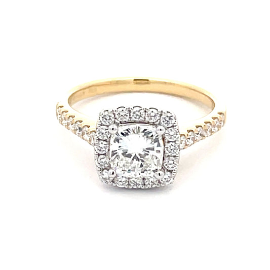 Yellow Gold Cushion Shaped Diamond Halo Cluster Style Ring - 1.51cts Gardiner Brothers
