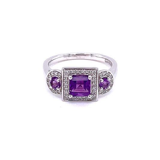 Vintage Style Amethyst and Diamond Halo Ring gardiner-brothers