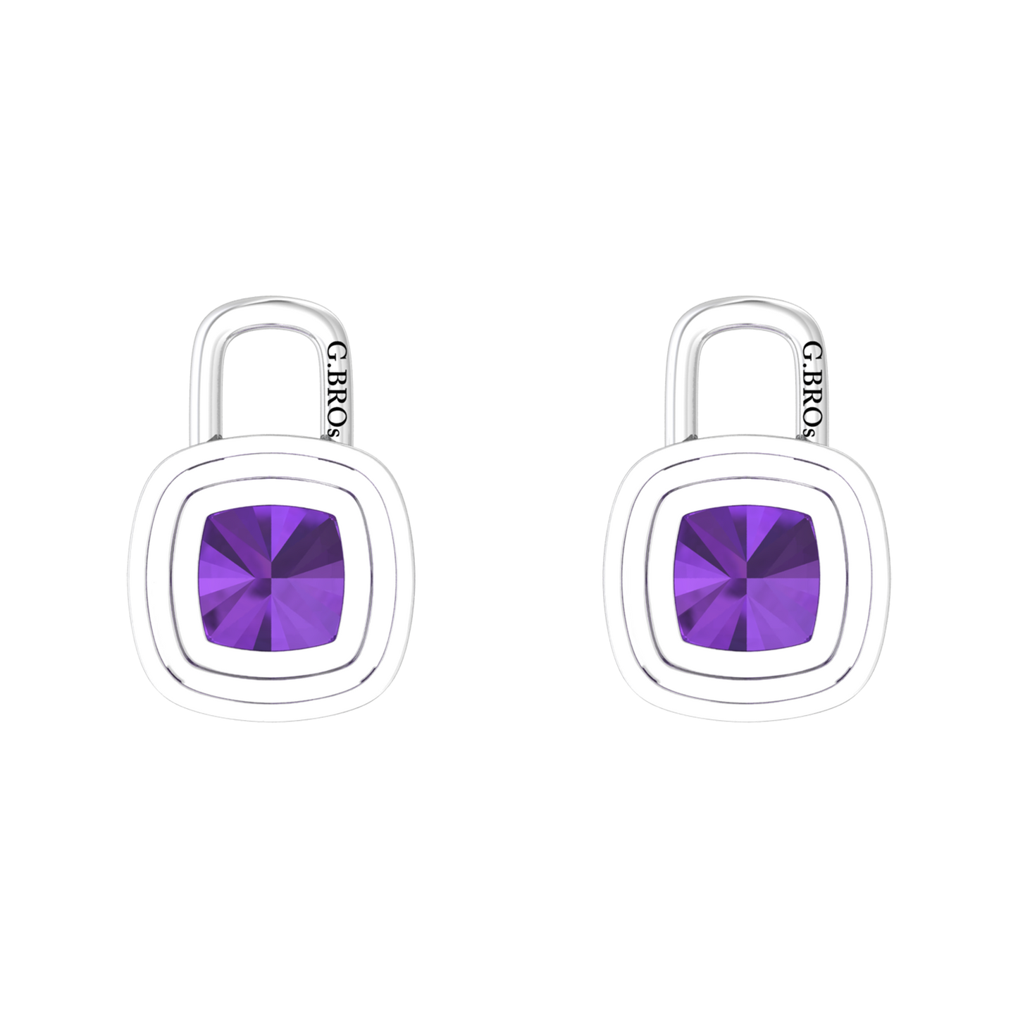 Nova diamond set earrings attachments set with a cushion shaped Amethyst Gardiner Brothers