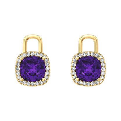 Nova diamond set earrings attachments set with a cushion shaped Amethyst Gardiner Brothers Yellow Gold
