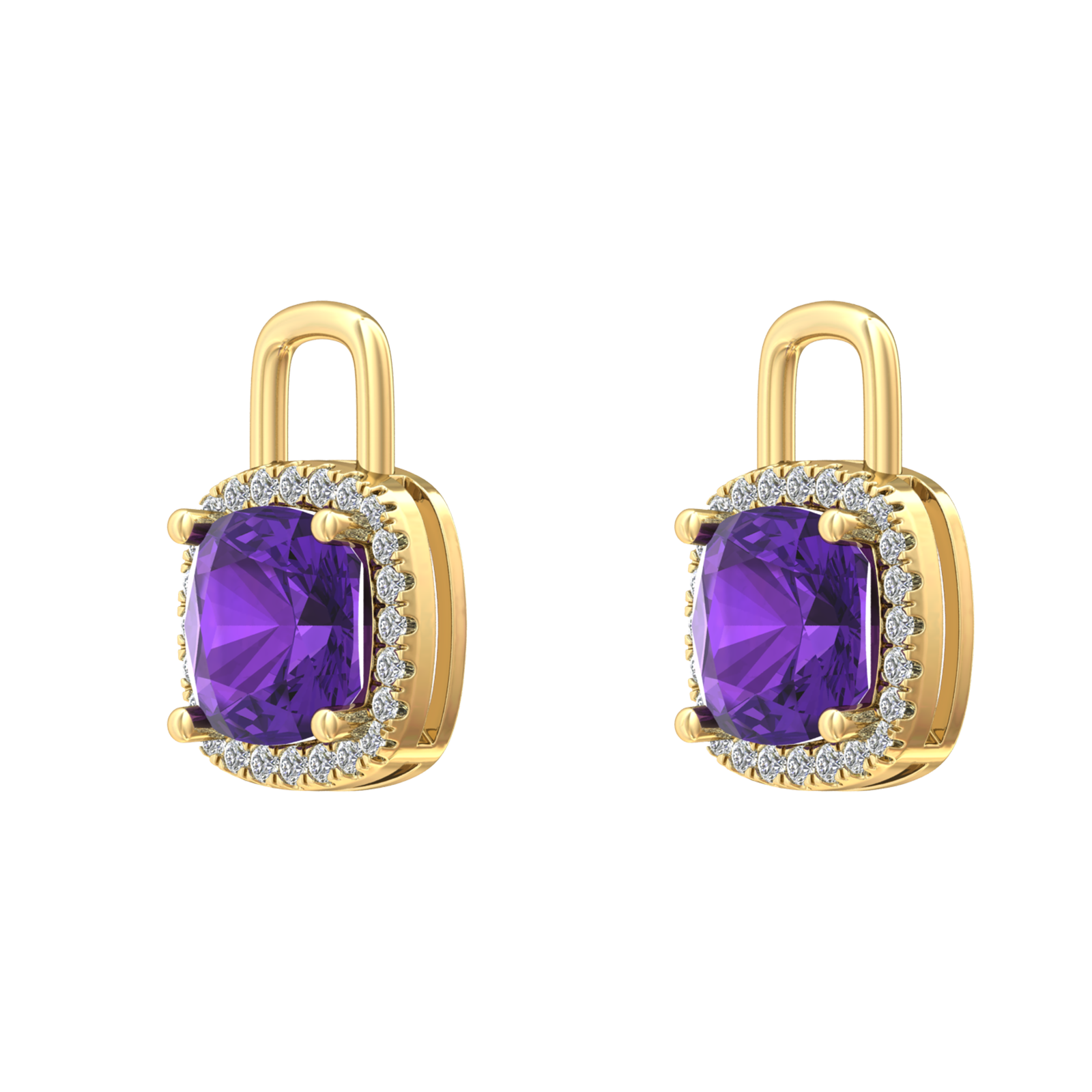 Nova diamond set earrings attachments set with a cushion shaped Amethyst Gardiner Brothers