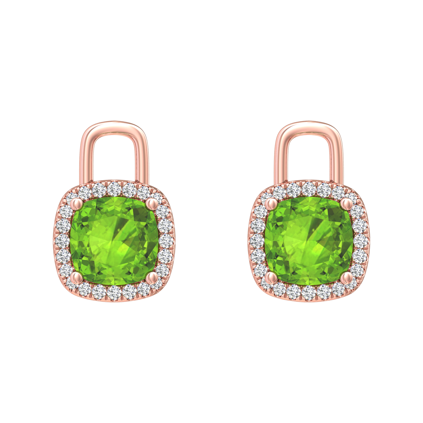 Nova earring attachments in a plain bezel setting with cushion shaped Peridot Gardiner Brothers Rose Gold