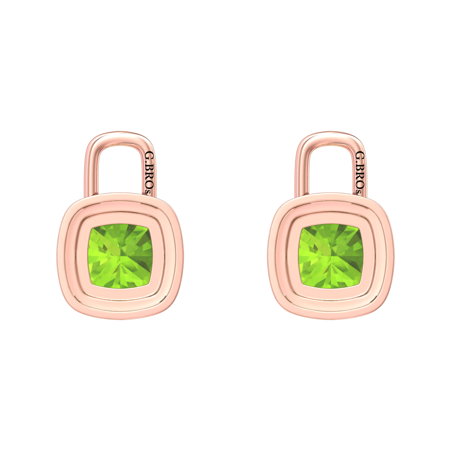Nova earring attachments in a plain bezel setting with cushion shaped Peridot Gardiner Brothers