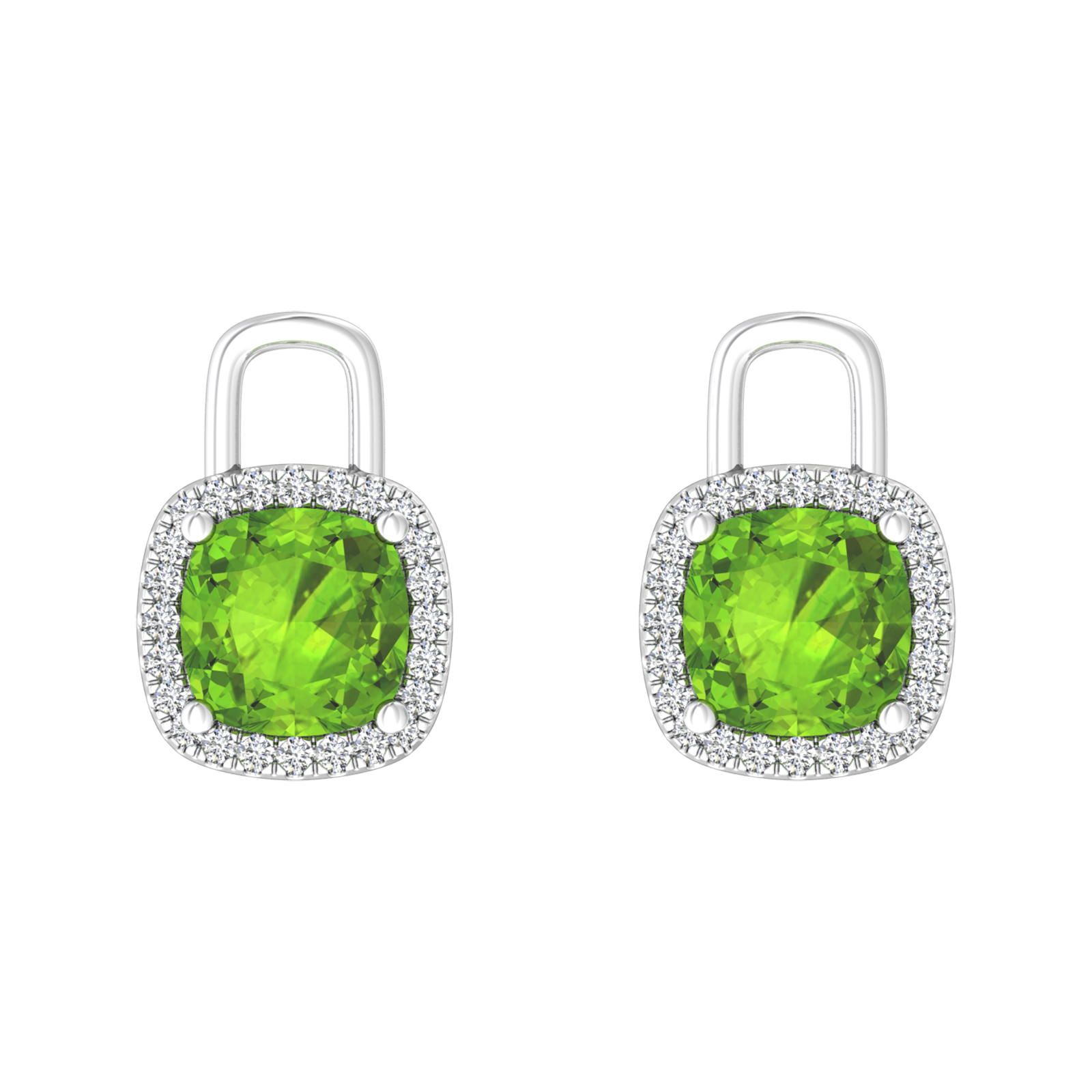 Nova earring attachments in a plain bezel setting with cushion shaped Peridot Gardiner Brothers White Gold