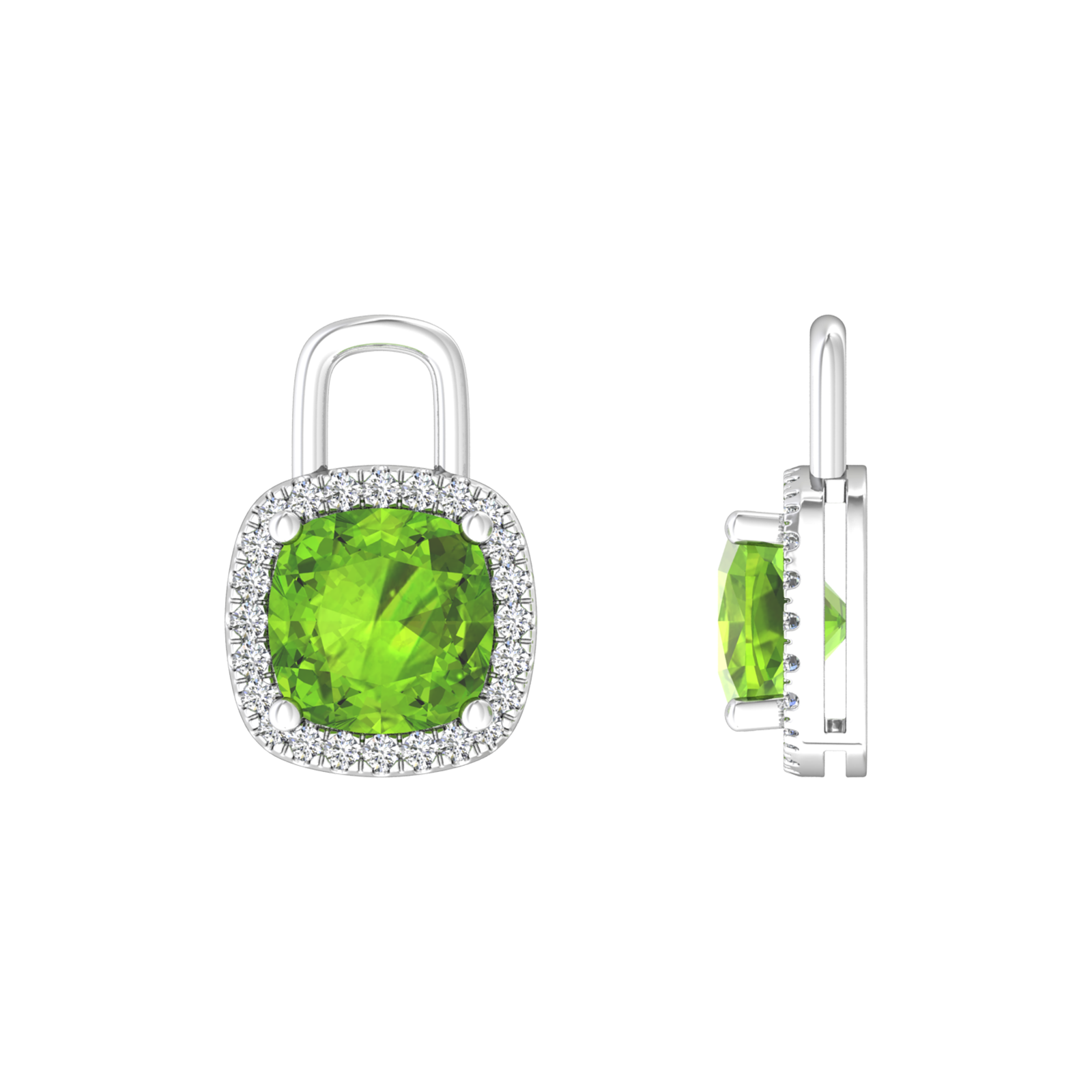 Nova earring attachments in a plain bezel setting with cushion shaped Peridot Gardiner Brothers