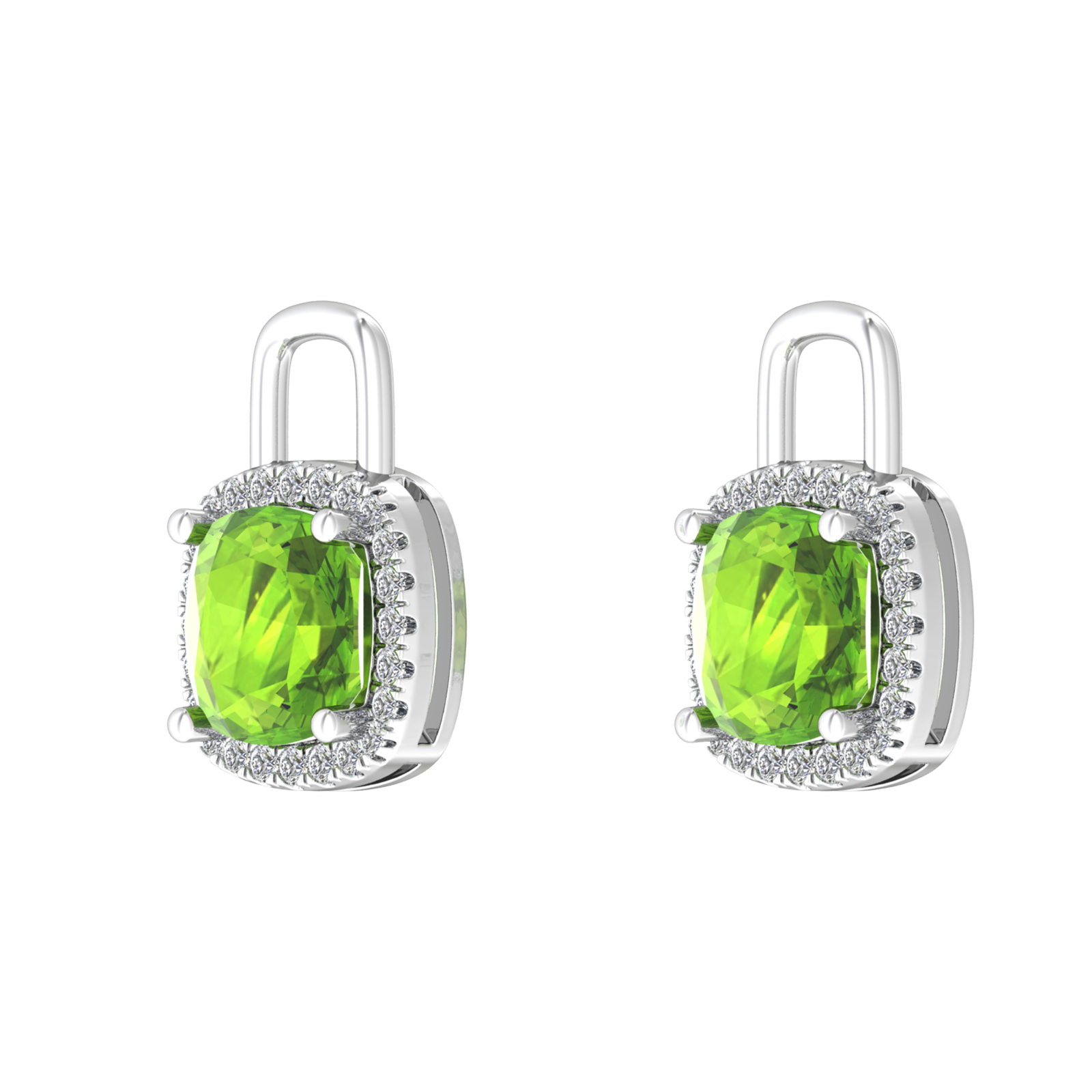 Nova earring attachments in a plain bezel setting with cushion shaped Peridot Gardiner Brothers