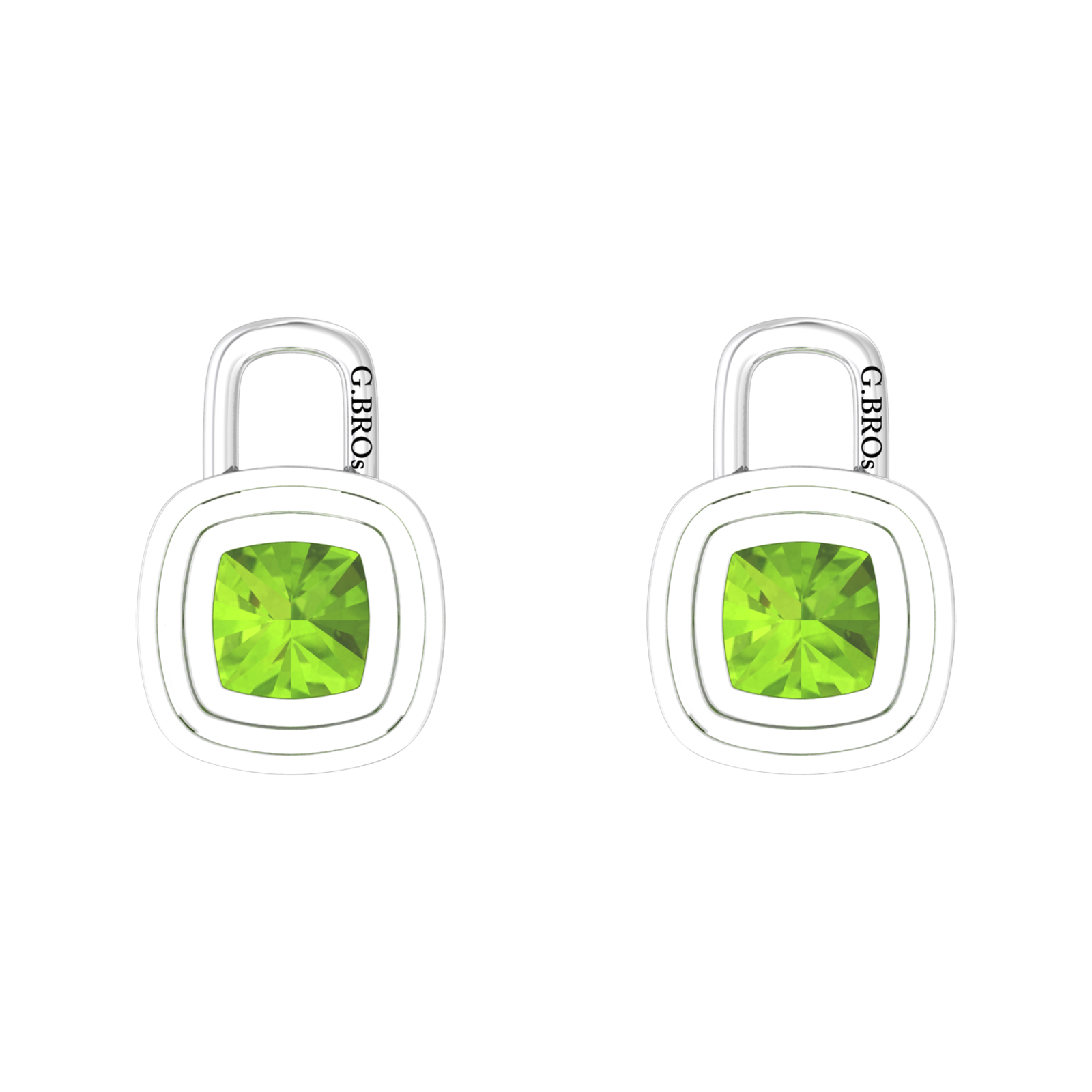 Nova earring attachments in a plain bezel setting with cushion shaped Peridot Gardiner Brothers