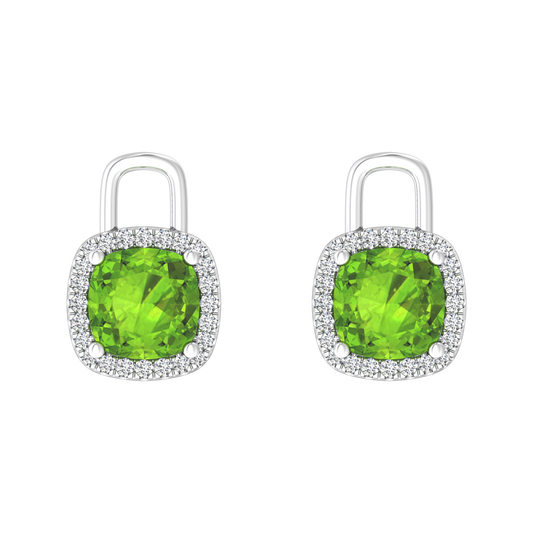 Nova earring attachments in a plain bezel setting with cushion shaped Peridot Gardiner Brothers White Gold