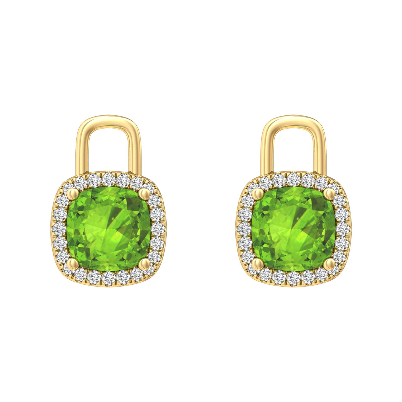 Nova earring attachments in a plain bezel setting with cushion shaped Peridot Gardiner Brothers Yellow Gold