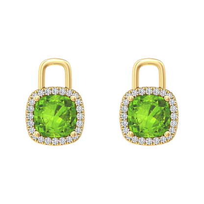 Nova earring attachments in a plain bezel setting with cushion shaped Peridot Gardiner Brothers Yellow Gold