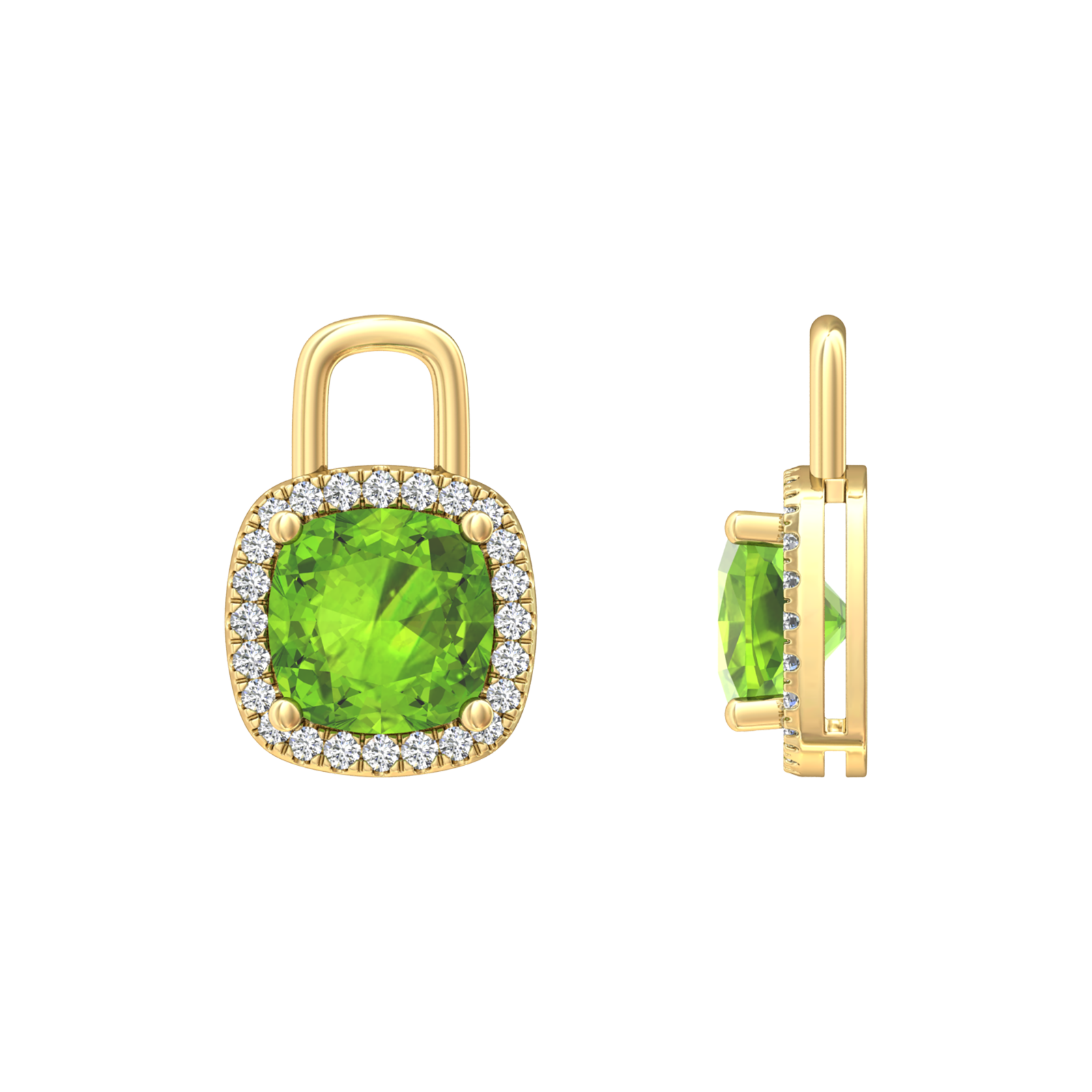 Nova earring attachments in a plain bezel setting with cushion shaped Peridot Gardiner Brothers