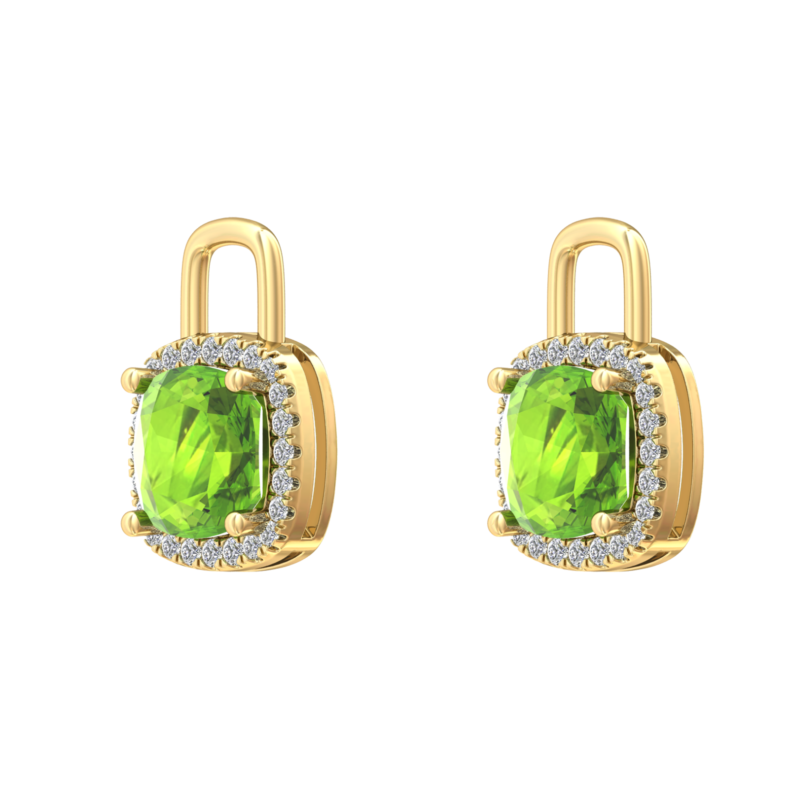 Nova earring attachments in a plain bezel setting with cushion shaped Peridot Gardiner Brothers