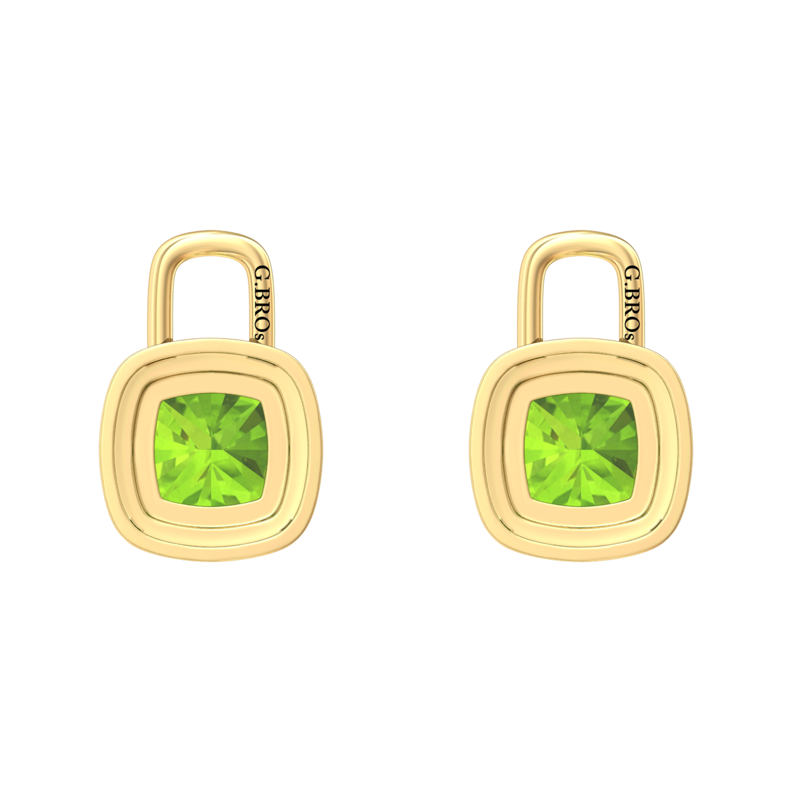 Nova earring attachments in a plain bezel setting with cushion shaped Peridot Gardiner Brothers