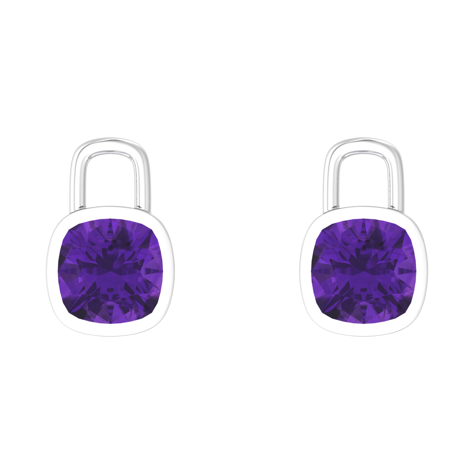 Nova earring attachments in a plain bezel setting with cushion shaped Amethyst Gardiner Brothers