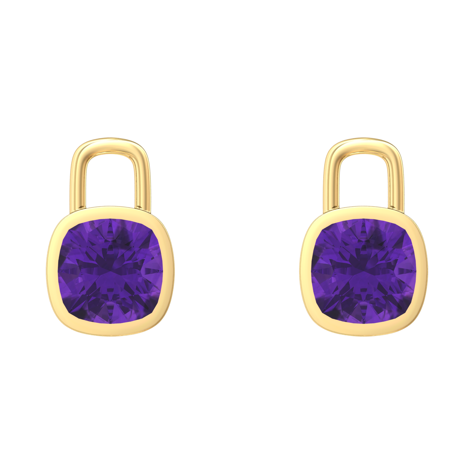 Nova earring attachments in a plain bezel setting with cushion shaped Amethyst Gardiner Brothers