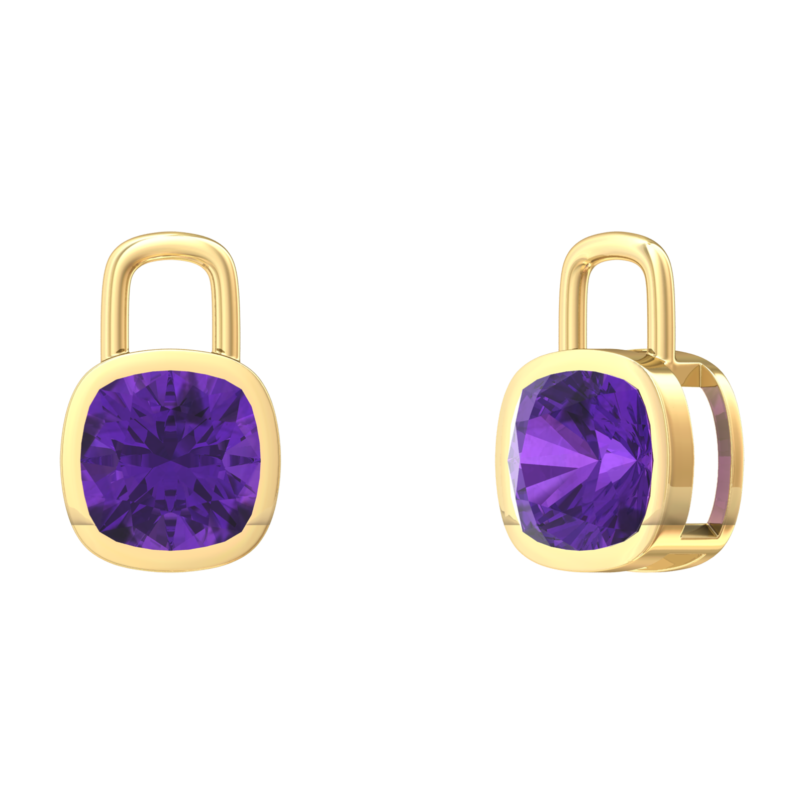 Nova earring attachments in a plain bezel setting with cushion shaped Amethyst Gardiner Brothers Yellow Gold