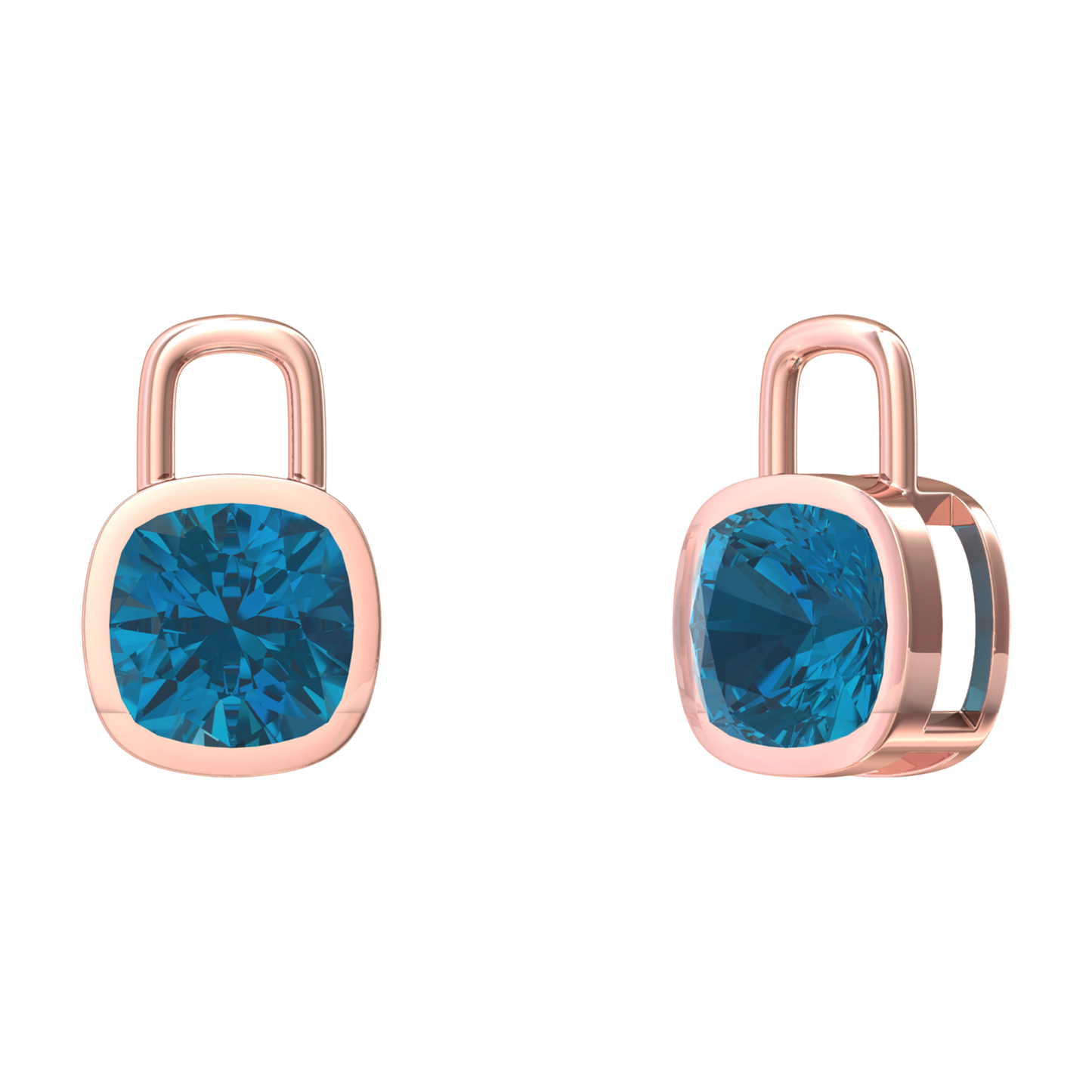 Nova earring attachments in a plain bezel setting with cushion shaped London Blue Topaz Gardiner Brothers Rose Gold