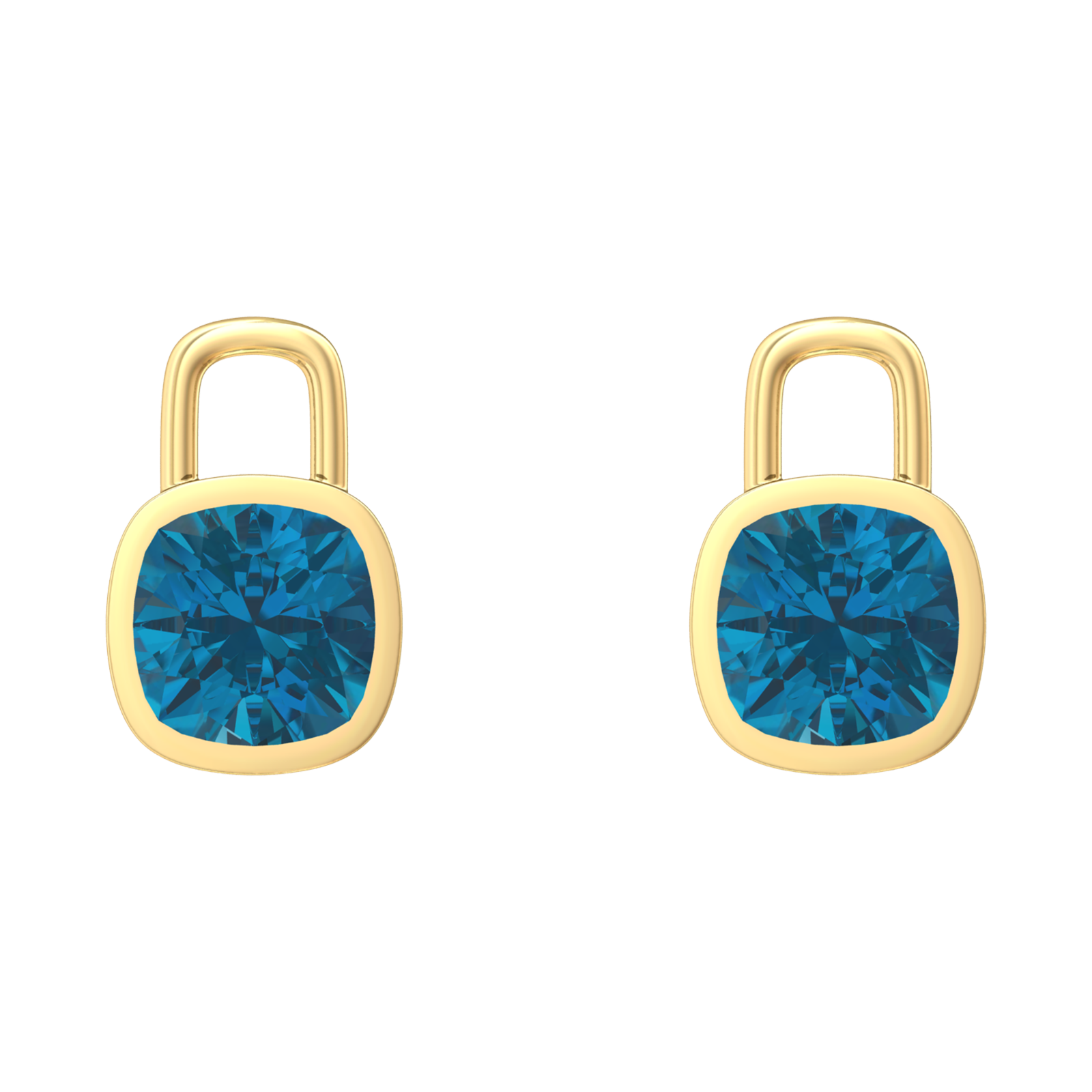 Nova earring attachments in a plain bezel setting with cushion shaped London Blue Topaz Gardiner Brothers