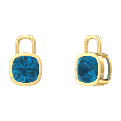 Nova earring attachments in a plain bezel setting with cushion shaped London Blue Topaz Gardiner Brothers Yellow Gold