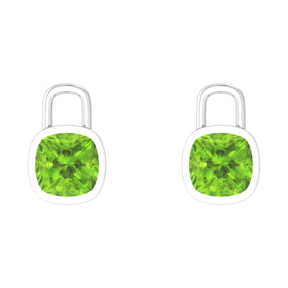 Nova earring attachments in a plain bezel setting with cushion shaped Peridot Gardiner Brothers White Gold
