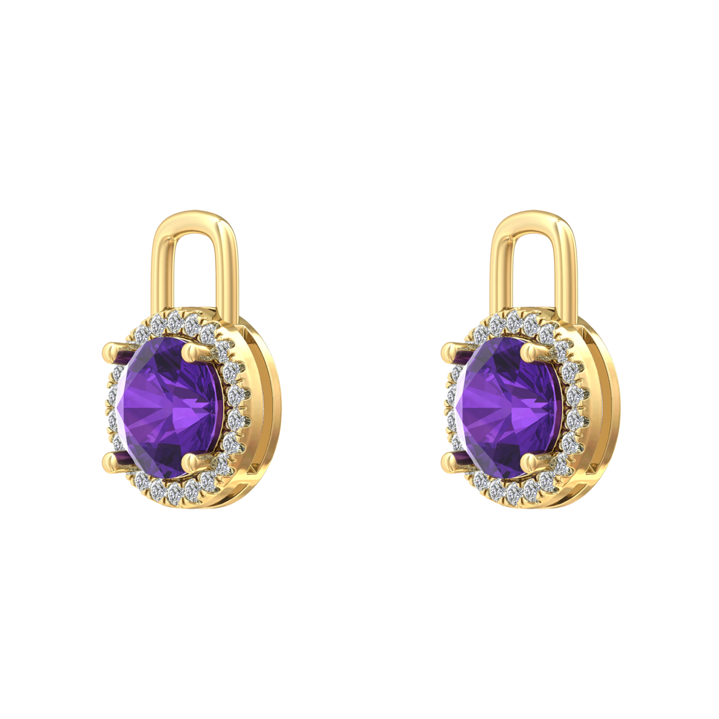 Nova diamond set earring attachments set with a round Amethyst Gardiner Brothers Yellow Gold