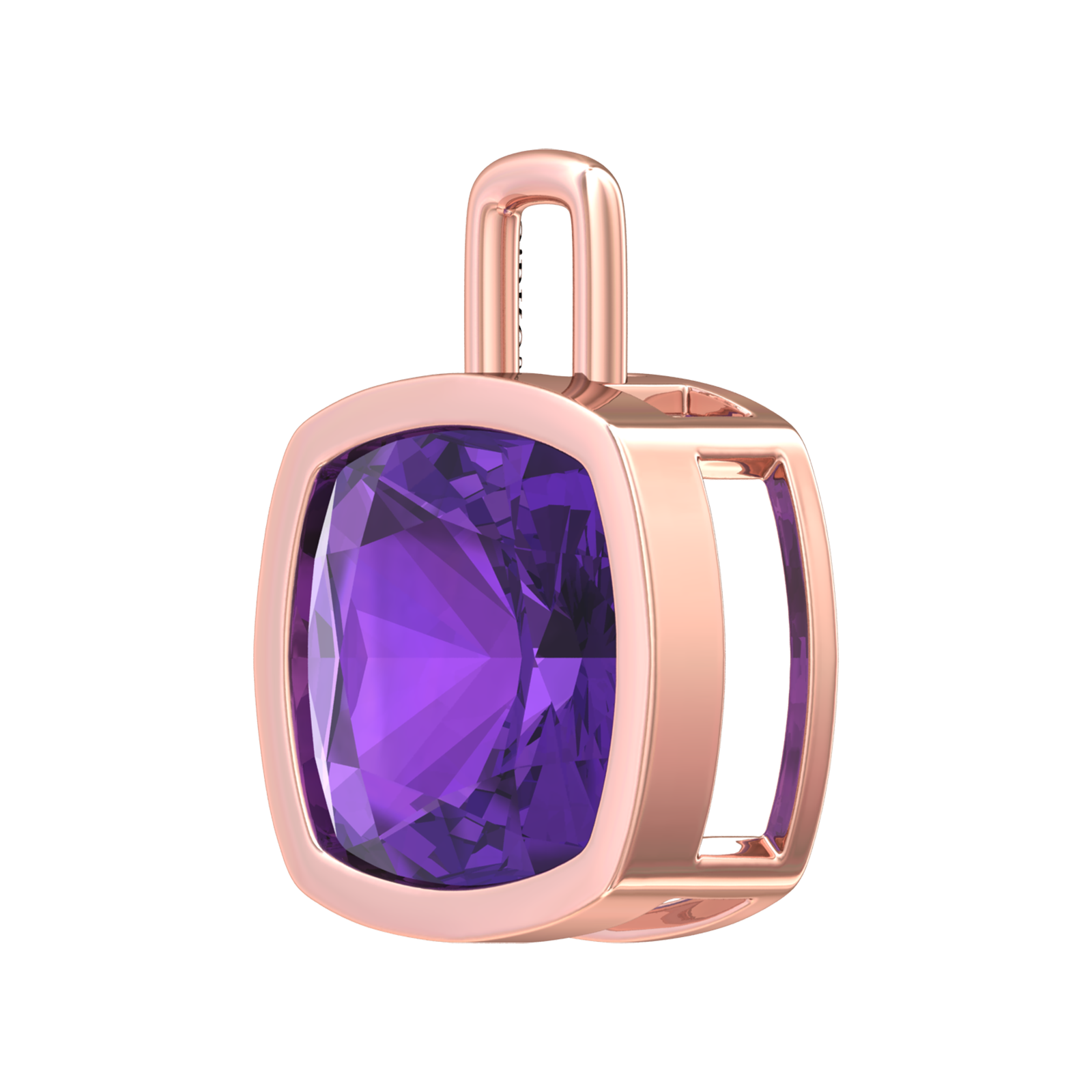 Nova pendant attachment in a plain bezel setting with cushion shaped Amethyst Gardiner Brothers