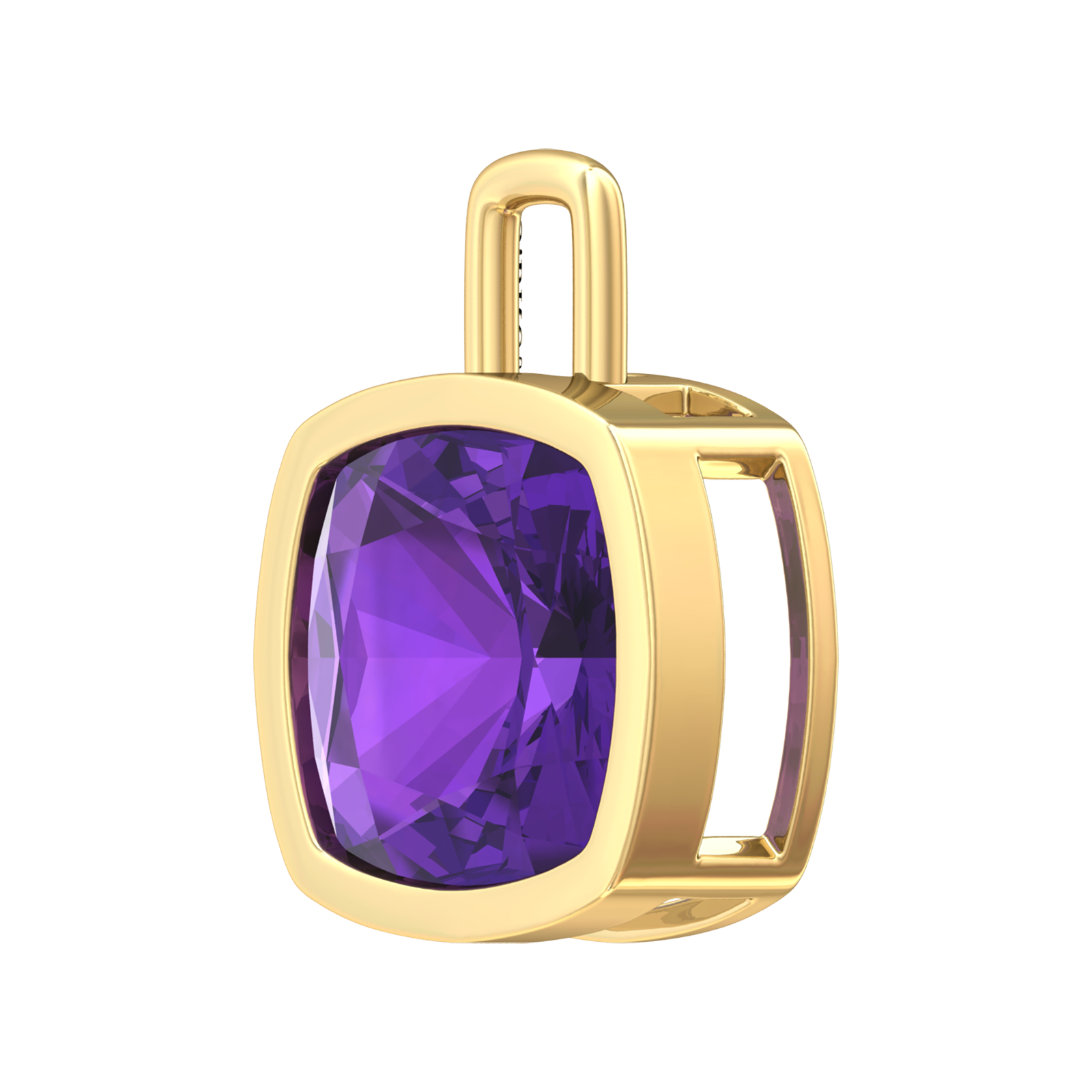 Nova pendant attachment in a plain bezel setting with cushion shaped Amethyst Gardiner Brothers