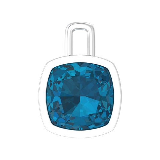 Nova pendant attachment in a plain bezel setting with cushion shaped London Blue Topaz Gardiner Brothers White Gold