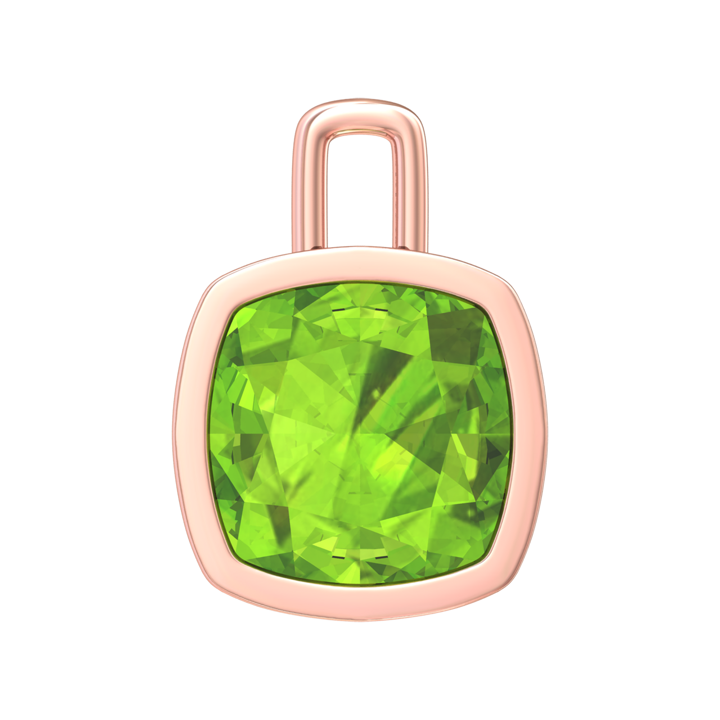Nova pendant attachment in a plain bezel setting with cushion shaped Peridot Gardiner Brothers Rose Gold