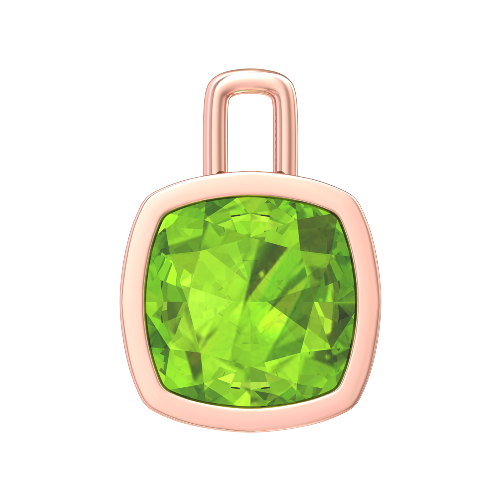 Nova pendant attachment in a plain bezel setting with cushion shaped Peridot Gardiner Brothers Rose Gold