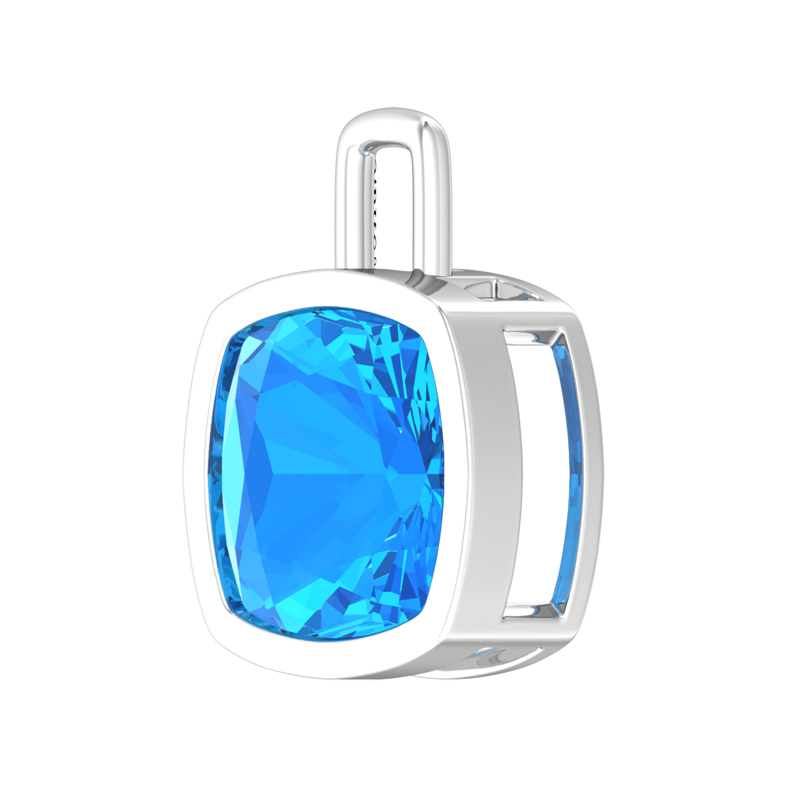 Nova pendant attachment in a plain bezel setting with cushion shaped Swiss Blue Topaz Gardiner Brothers