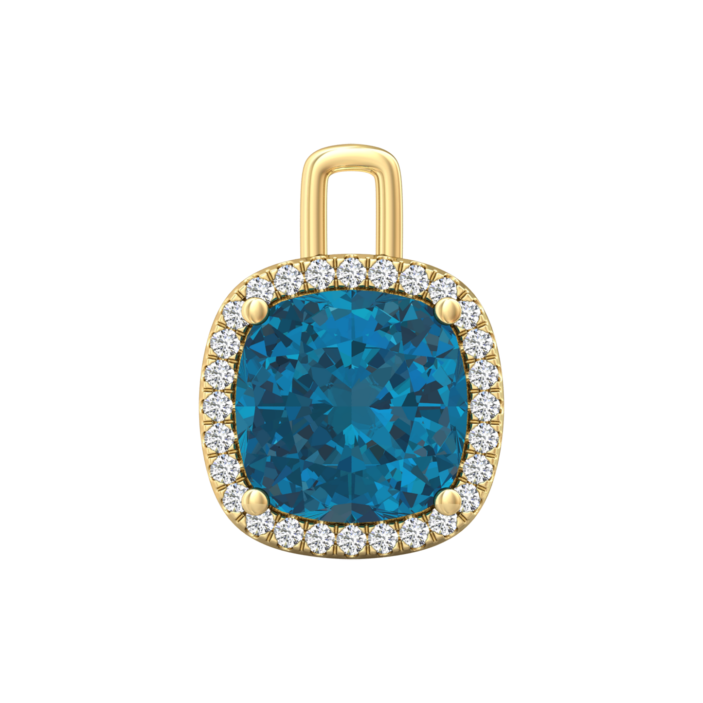 Nova diamond set pendant attachment set with a cushion shaped London Blue Topaz Gardiner Brothers Yellow Gold