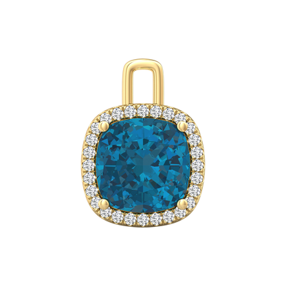 Nova diamond set pendant attachment set with a cushion shaped London Blue Topaz Gardiner Brothers Yellow Gold