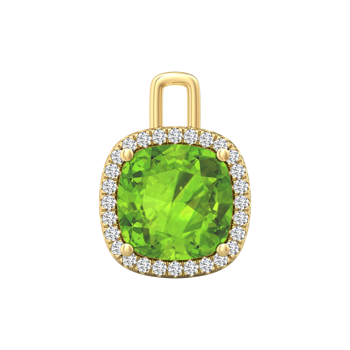 Nova diamond set pendant attachment set with a cushion shaped Peridot Gardiner Brothers Yellow Gold