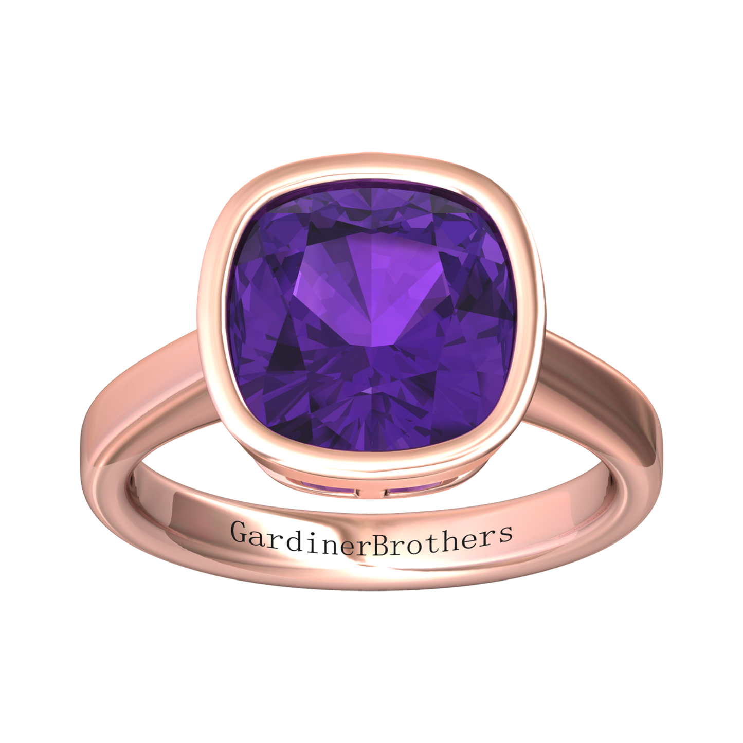 Nova cushion shaped Amethyst ring set in a plain bezel setting Gardiner Brothers