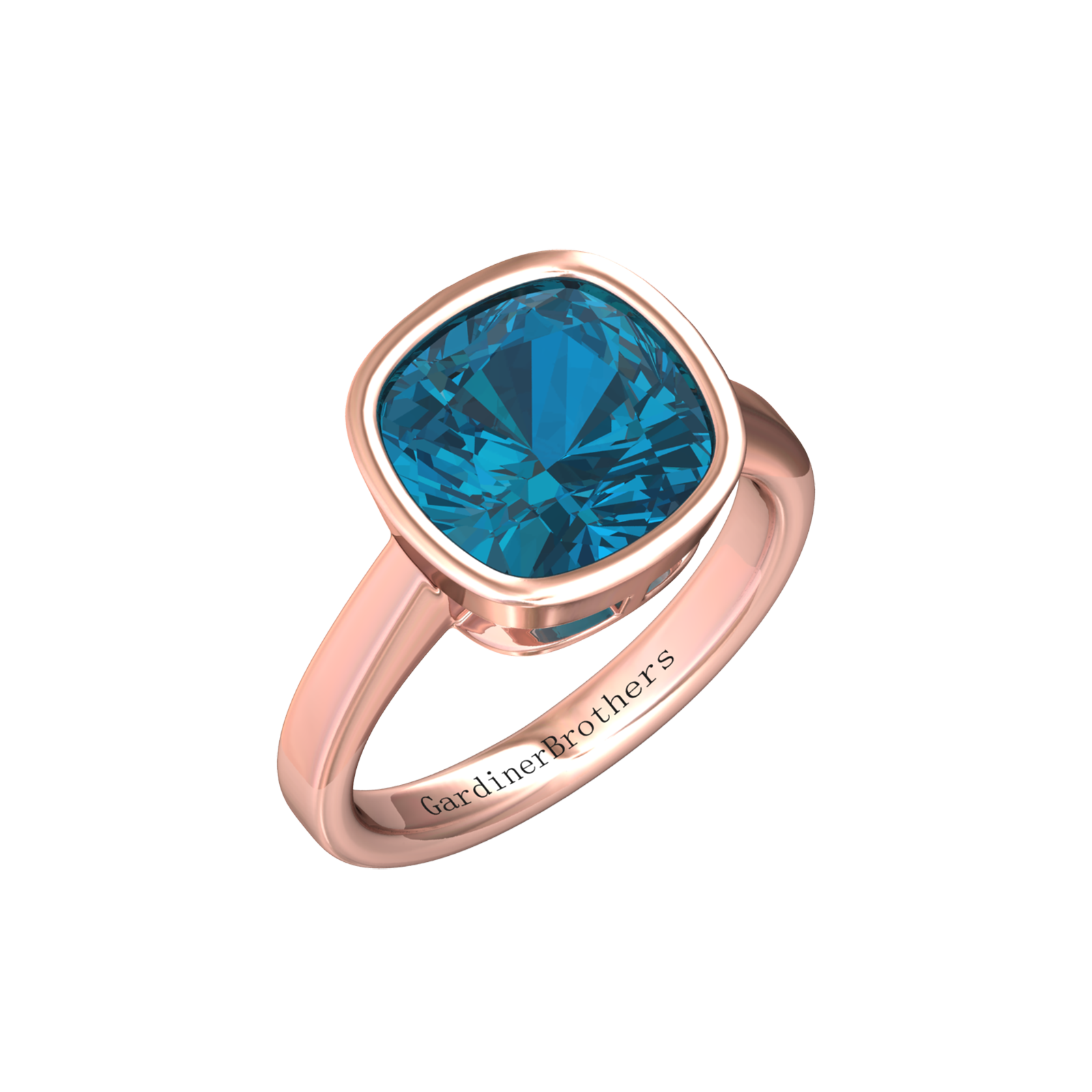 Nova cushion shaped London Blue Topaz ring set in a plain bezel setting Gardiner Brothers Rose Gold